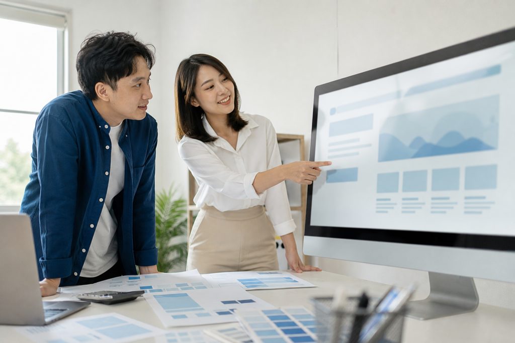 AI 示意圖：網頁設計師與企業客戶一起檢視企業網站版面