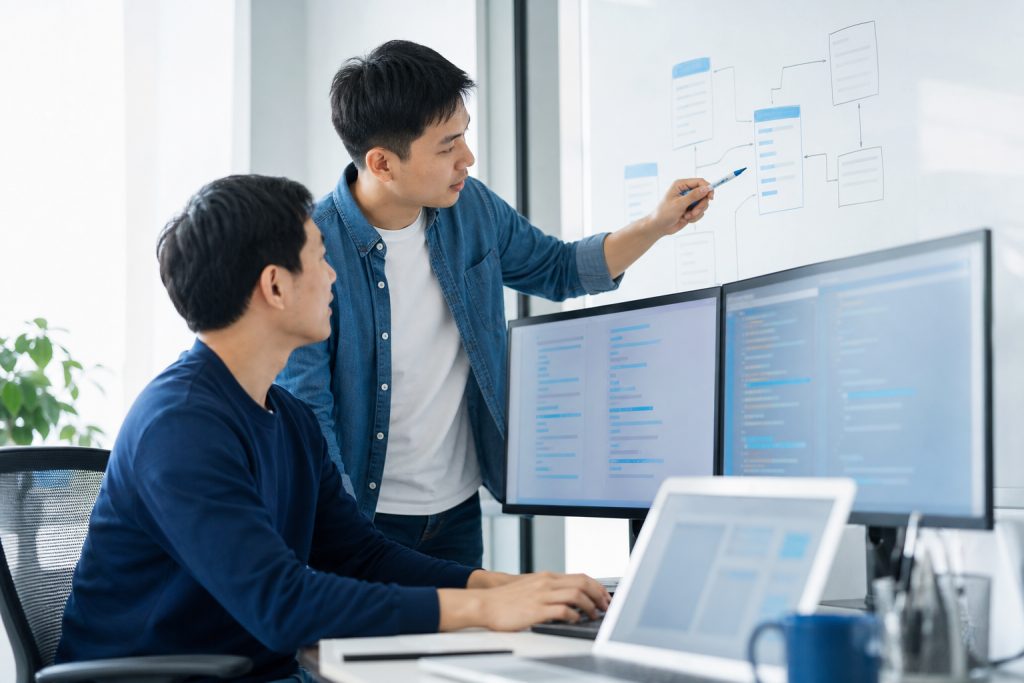 AI 示意圖：兩位工程師一起討論客製系統的資料結構與程式