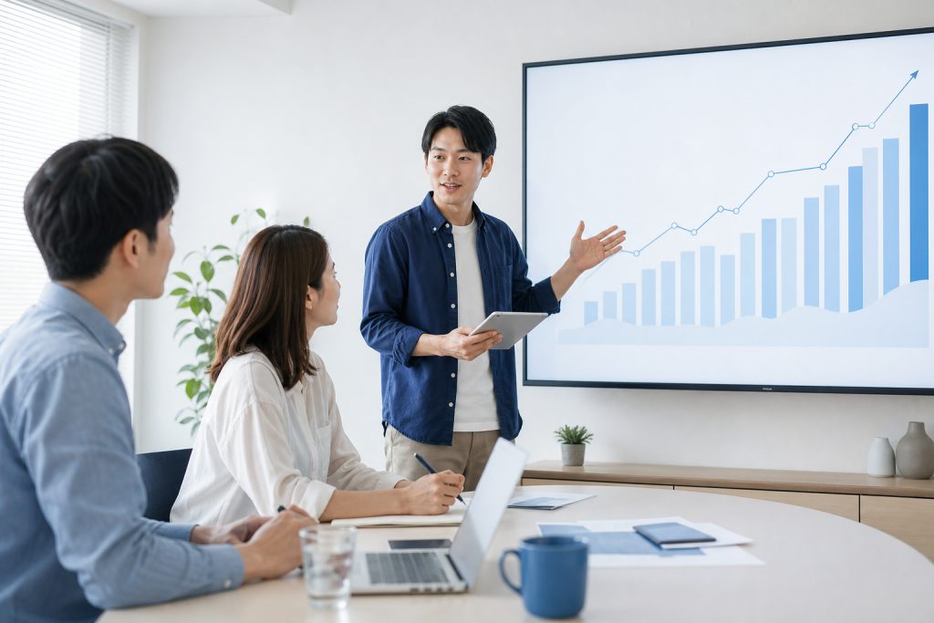 AI 示意圖：SEO 顧問向客戶說明網站搜尋成效與後續策略
