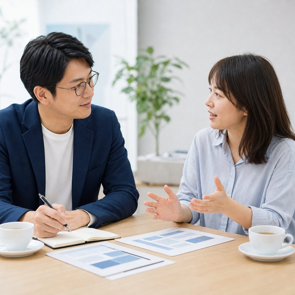 AI 示意圖：需求討論：顧問仔細聆聽企業主說明需求