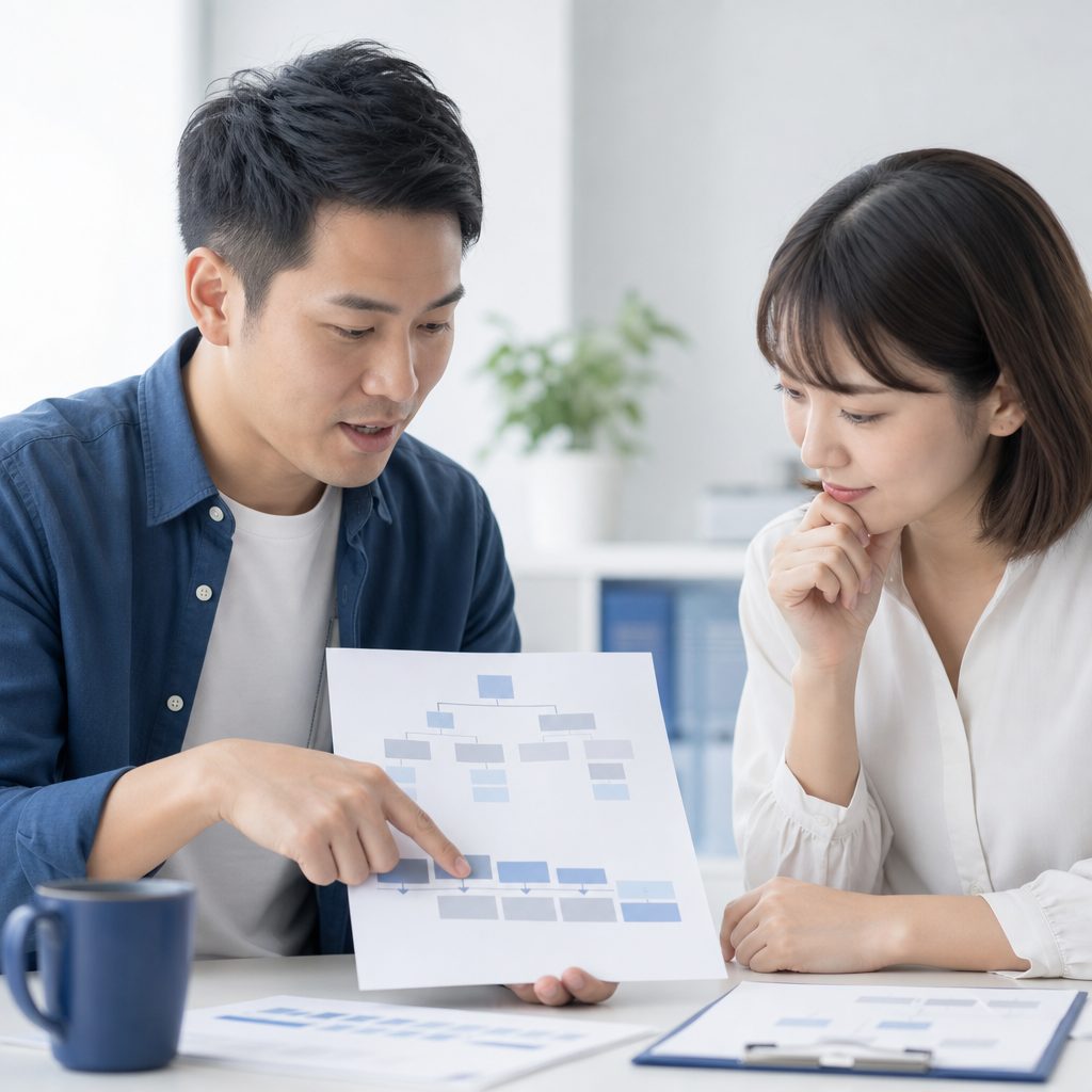 AI 示意圖：規劃提案：顧問向客戶說明網站架構與時程