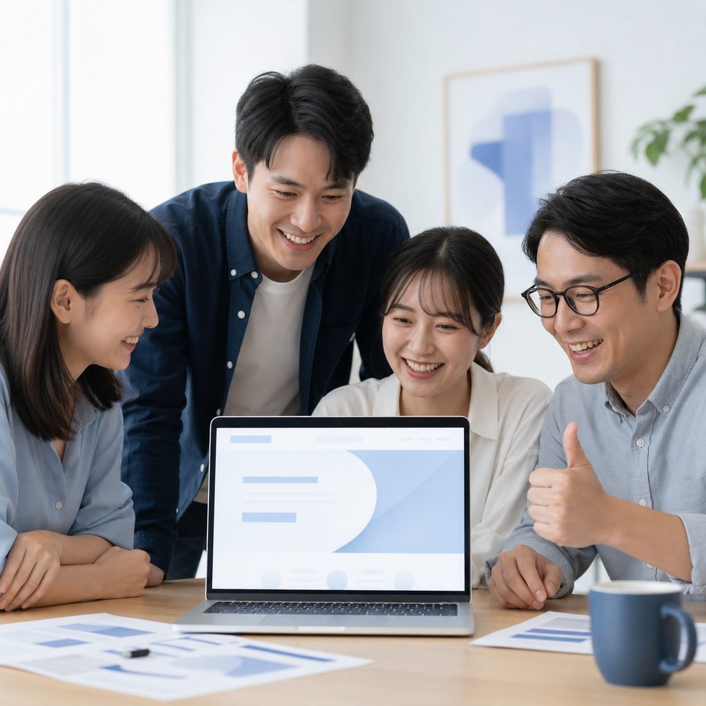 AI 示意圖：上線維運：網站上線，團隊與客戶一起確認成果