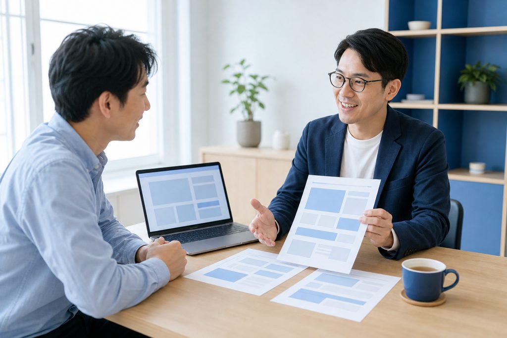 AI 示意圖：企業主與網頁設計公司顧問面對面討論網站提案與作品