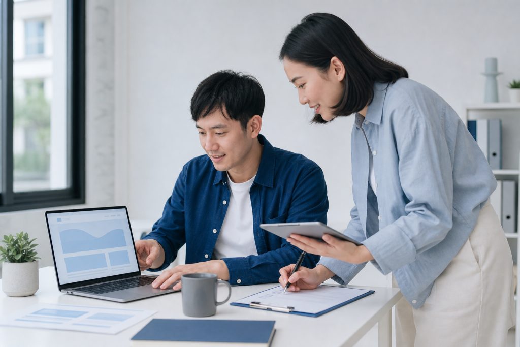 AI 示意圖：兩位同事在上線前一起逐項檢查企業網站功能