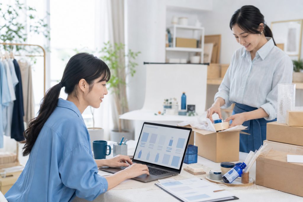 AI 示意圖：小品牌店主在工作室用筆電管理新的購物網站，旁邊有商品與包裝