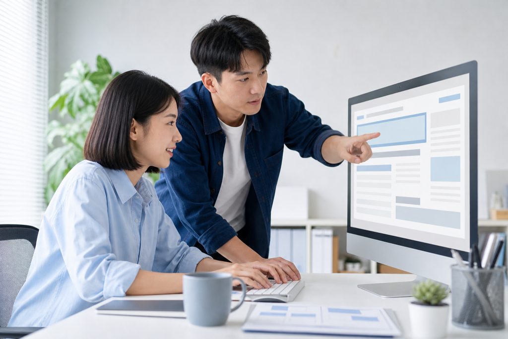 AI 示意圖：內容編輯與寫手一起調整文章結構，把重點摘要放在最前面