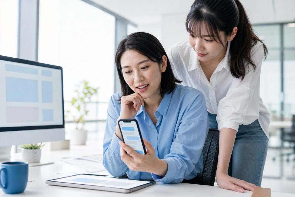 AI 示意圖：行銷人員用手機詢問 AI 助理，同事一起查看 AI 回答中是否提到品牌