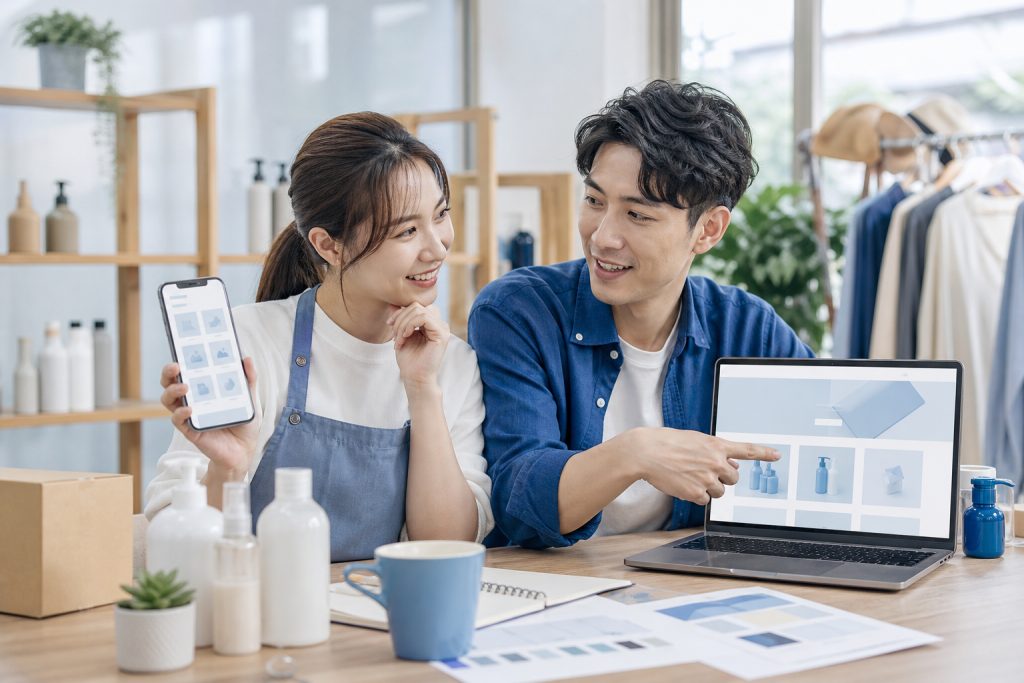 AI 示意圖：小店經營者比較在電商平台開店與自建品牌官網的差異