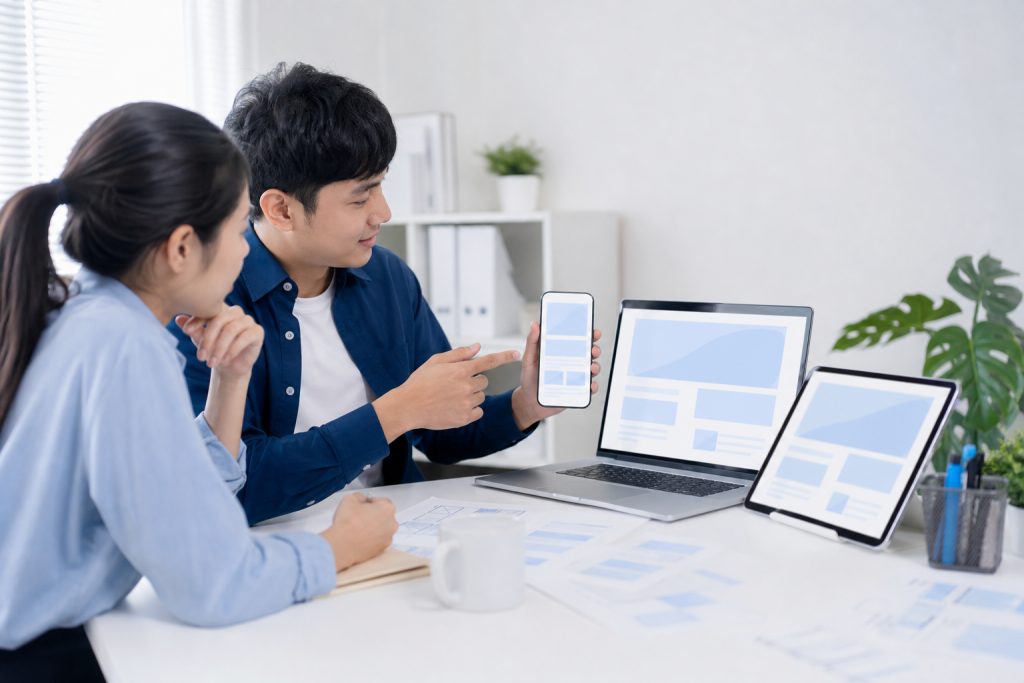 AI 示意圖：設計師向同事展示同一個網站在手機、平板與筆電上的響應式版面