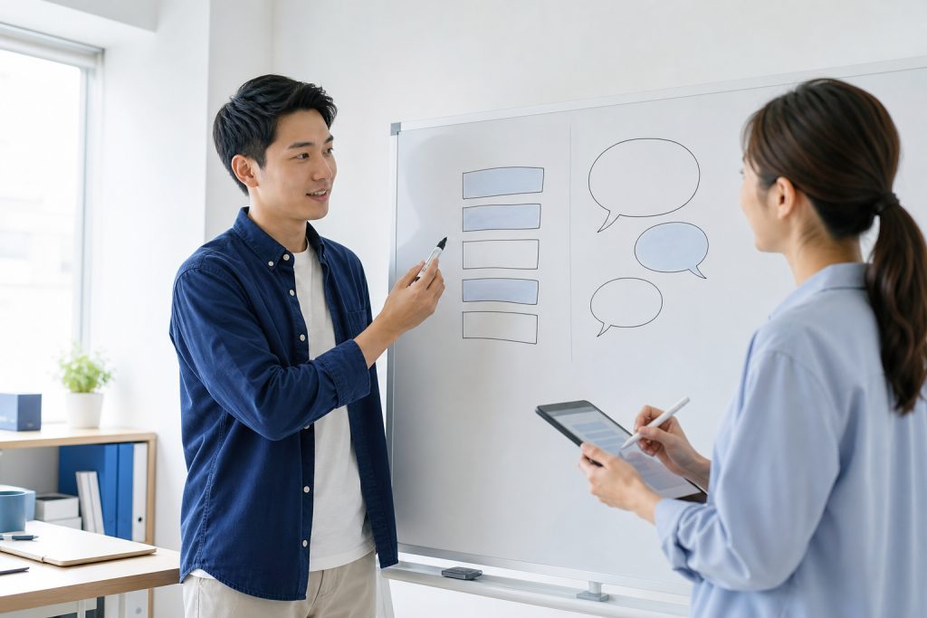 AI 示意圖：兩位行銷人員在白板前比較搜尋排名與 AI 回答兩種曝光方式