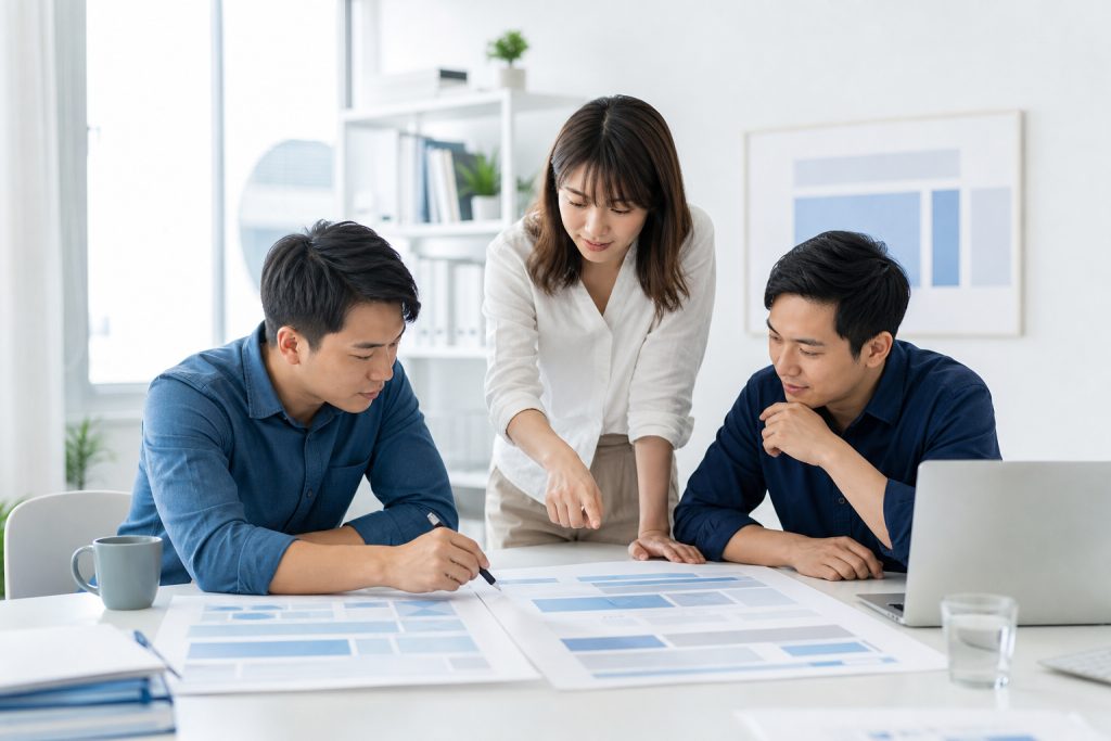 AI 示意圖：專案團隊並排比對新舊網站版面，討論改版前的 SEO 保留清單