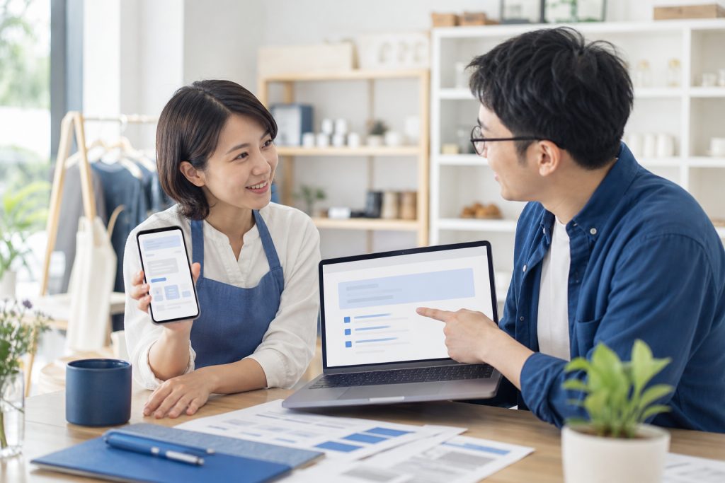 AI 示意圖：店家老闆用手機查看 AI 給的推薦答案，網站顧問在筆電上說明搜尋結果上方的 AI 摘要