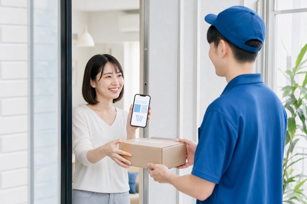 AI 示意圖：消費者在家門口收到網購包裹，說明電子商務的日常樣貌