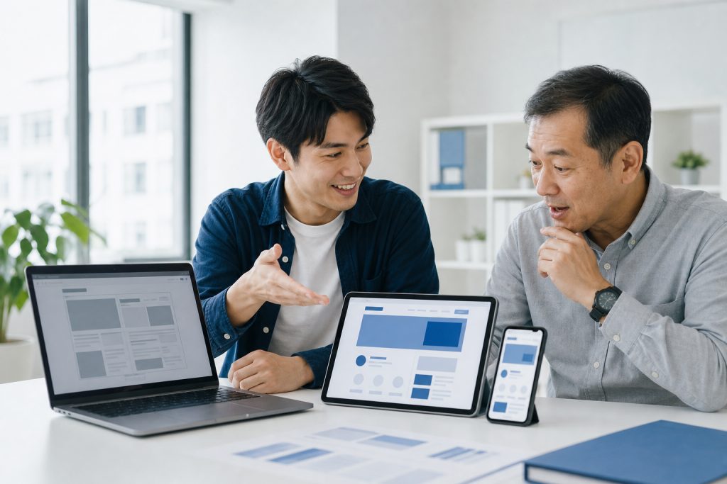 AI 示意圖：網站顧問與企業主並肩比較舊筆電上的老舊網站與平板、手機上的改版新網站