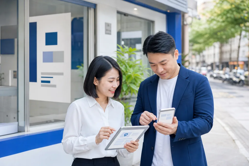 AI 示意圖:店家老闆與行銷助理在店門口用手機和平板一起更新公司的地圖與營業資訊